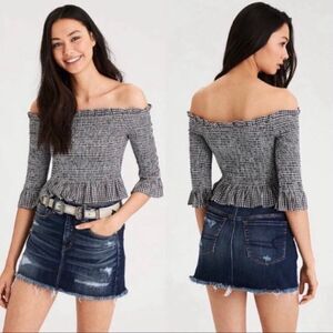 American Eagle Black & White Gingham Plaid Smocked Off Shoulder Crop Top XS